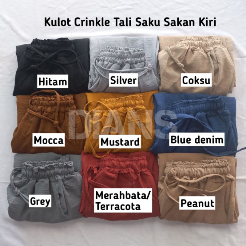 Kulot Crikle Tali dan Saku Kanan Kiri Airflow Cringkle Motif Polos / Cullote Panjang Viral