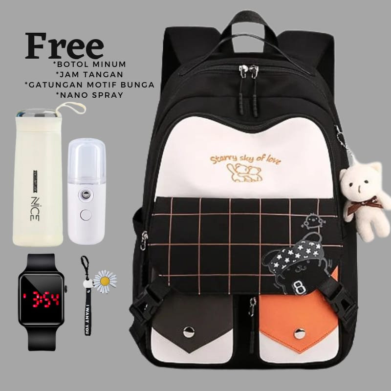 Tas Ransel Terbaru tipe-dk2023 Backpack Wanita Bisa Sekolah Sd&gt;smp&gt;sma Dan Kuliah Ransel Multifungsi Wanita Free Botol+jam tangan+nano spray