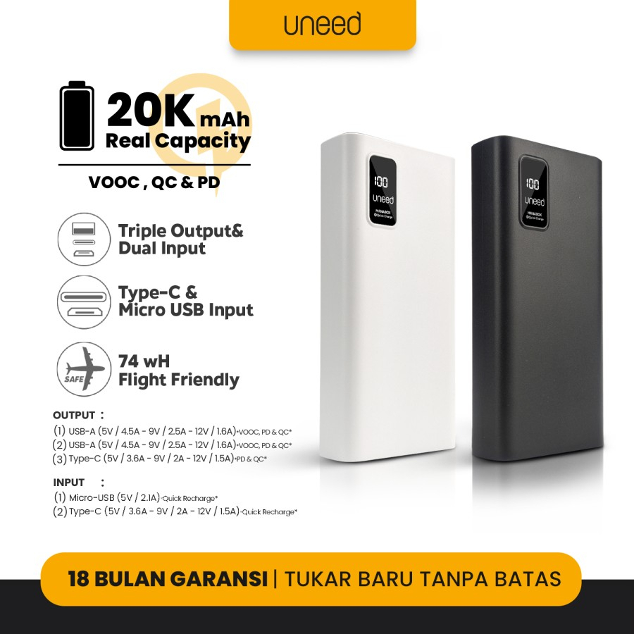 Powerbank UNEED B20 20000mAh Built in Cable Fast Charging 2.1A