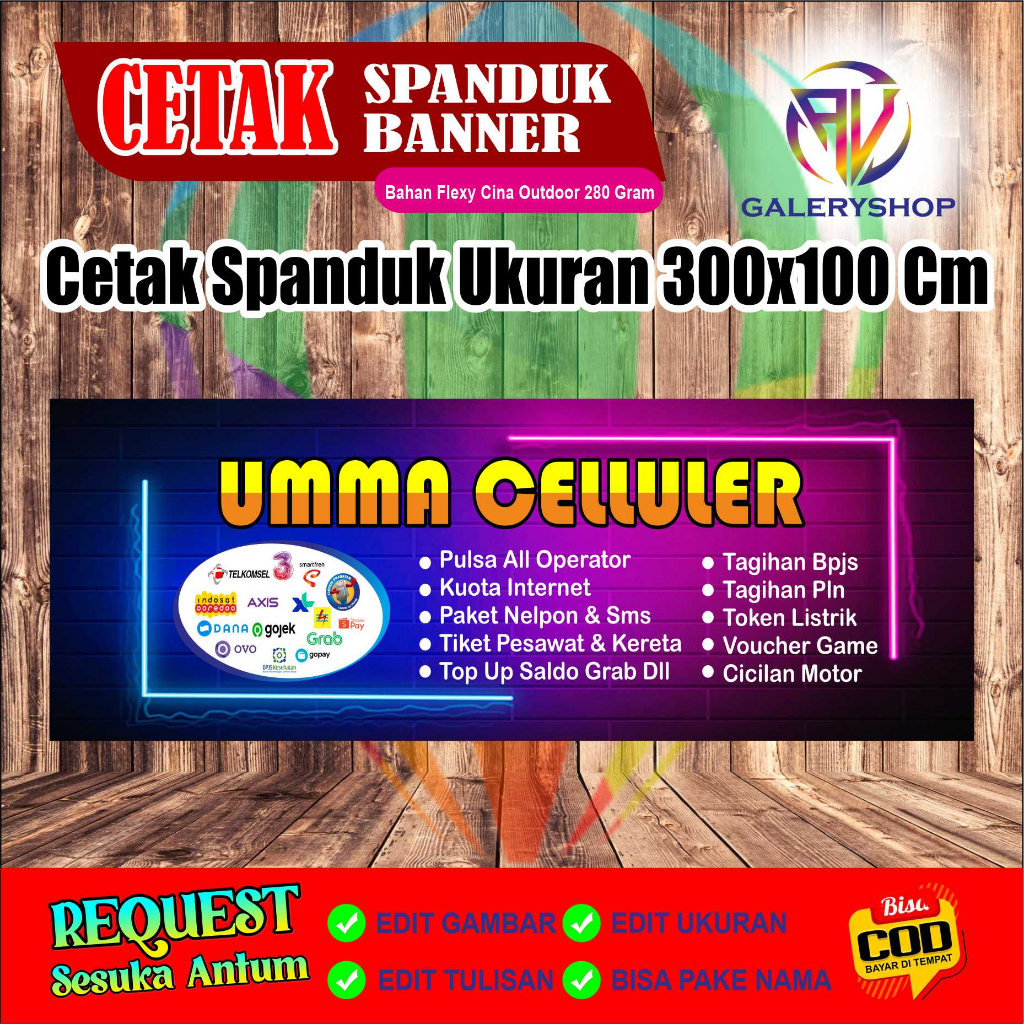 spanduk konter,jualan pulsa, cell dll ukuran 300x100 cm