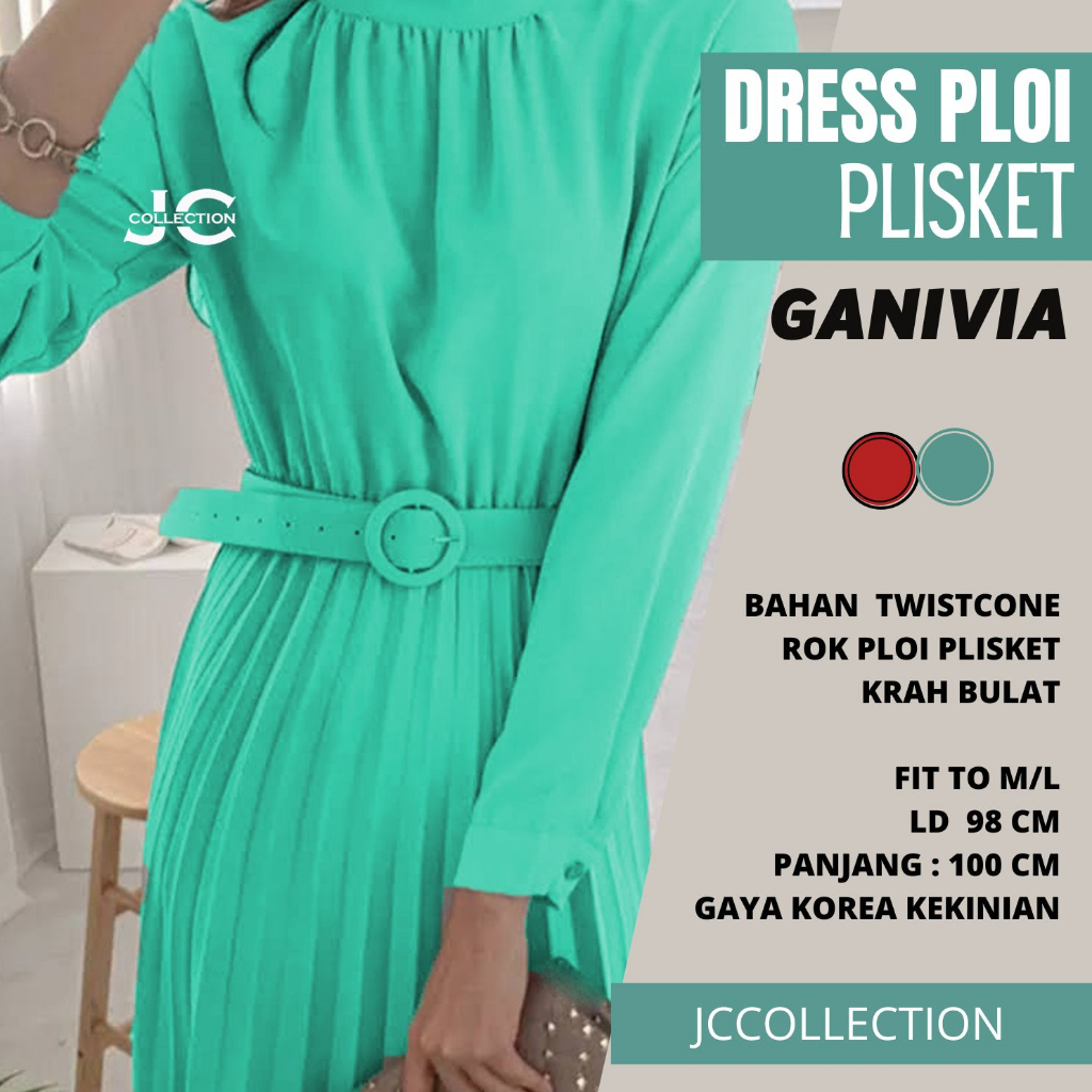 Long Dress ploi plisket lengan panjang wanita gaya korea Ganifia - JCCollections