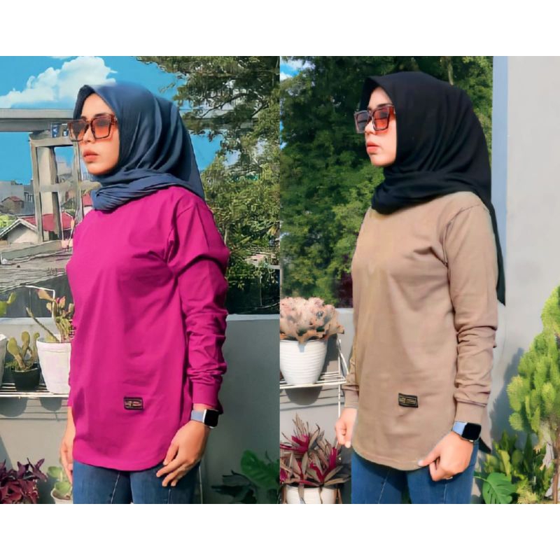 KAOS POLOS WANITA LENGAN PANJANG T-SHIRT ATASAN WANITA HIGH SLIT OVAL BAJU WANITA KEKINIAN TERBARU 2