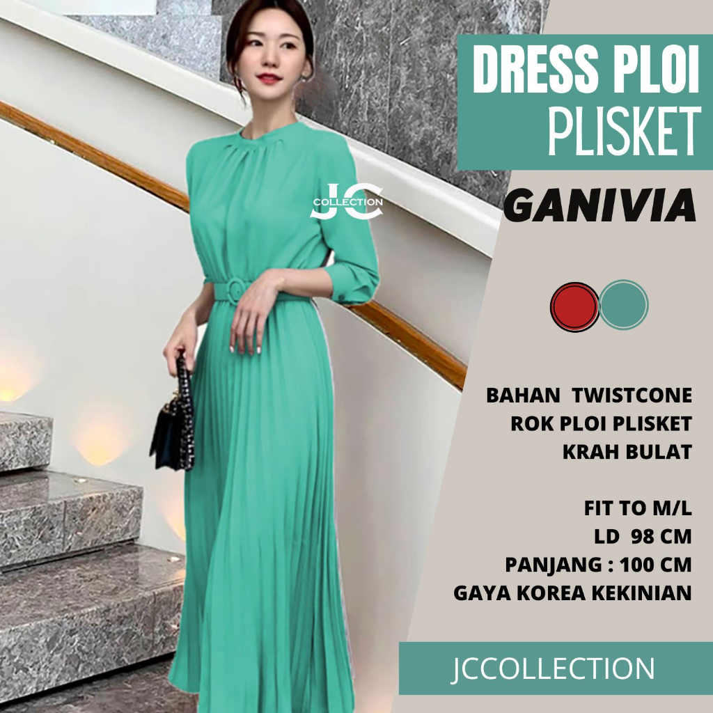 Long Dress ploi plisket lengan panjang wanita gaya korea Ganifia - JCCollections