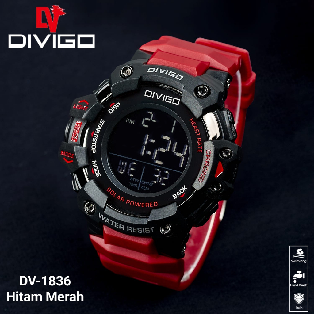 Jam tangan Pria Divigo Digital Sport 1836 Strap Rubber Original Tahan Air-CS Hitam Merah
