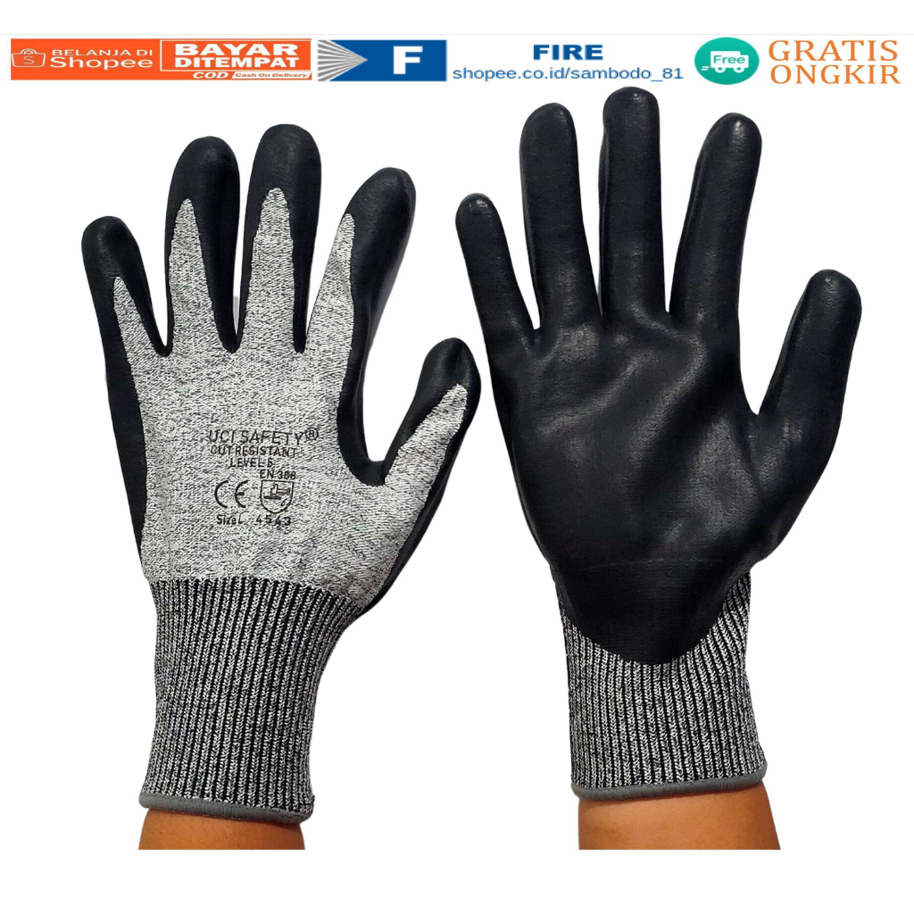 Sarung Tangan Glove Cut Resistant level 5 Anti Pisau potong coated coating tapak dilapisi Nitril Hitam