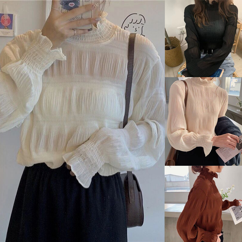 Versi Korea Longgar All-Match Lengan Panjang Chiffon Temperamen Renda Kemeja Turtleneck Bottoming Top bell sleeves