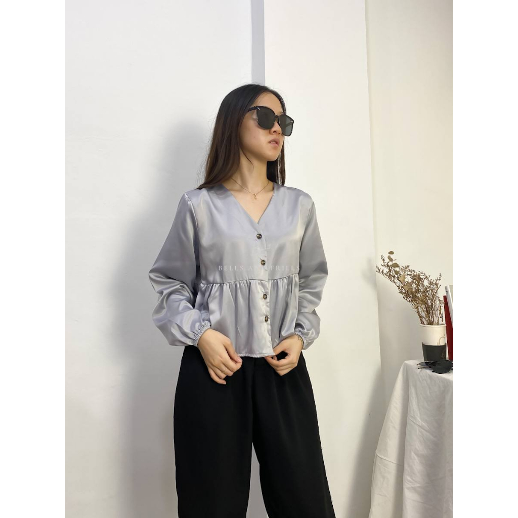 FELICIA V Neck Blouse - Atasan Satin Longsleeve / Atasan Casual Korean Look 0432