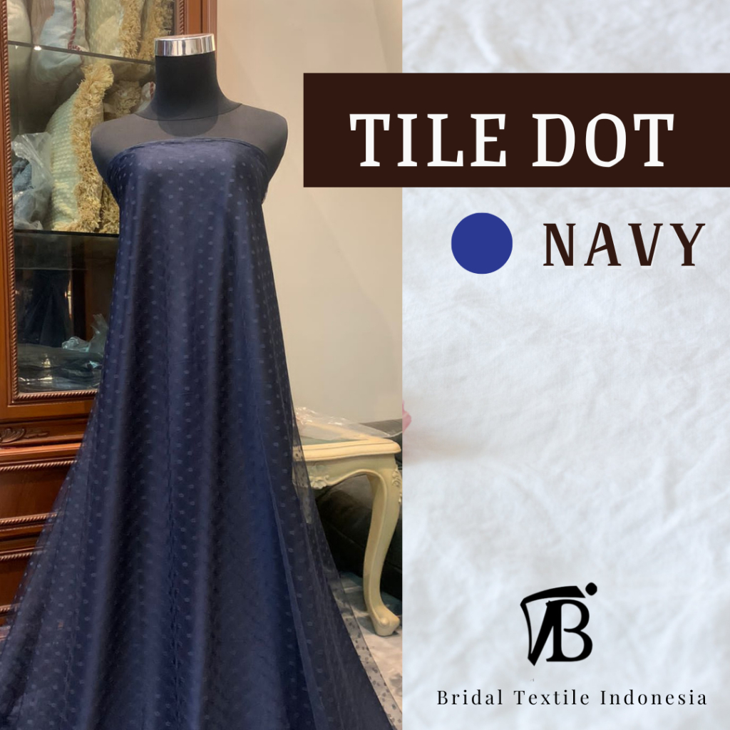 Kain Bahan Tile Tulle Tille Polkadot Halus Soft Dot Dotty Kecil Premium Warna Biru Navy Dongker