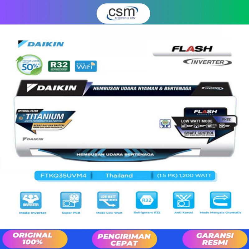 AC DAIKIN 1,5 PK FTKQ35UVM4 1,5 PK R32 FLASH INVERTER THAILAND [INDOOR+OUTDOOR UNIT ONLY] GARANSI RE
