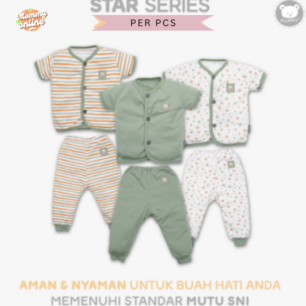 [MOMMYONLINE] Fluffy Setelan Baju Celana Pendek Panjang STAR SERIES HIJAU/GREEN / Fluffy Baju Bayi Lengan Pendek Celana Panjang BIS S/M/L Fluffy 1 Set 3 - 12 bulan