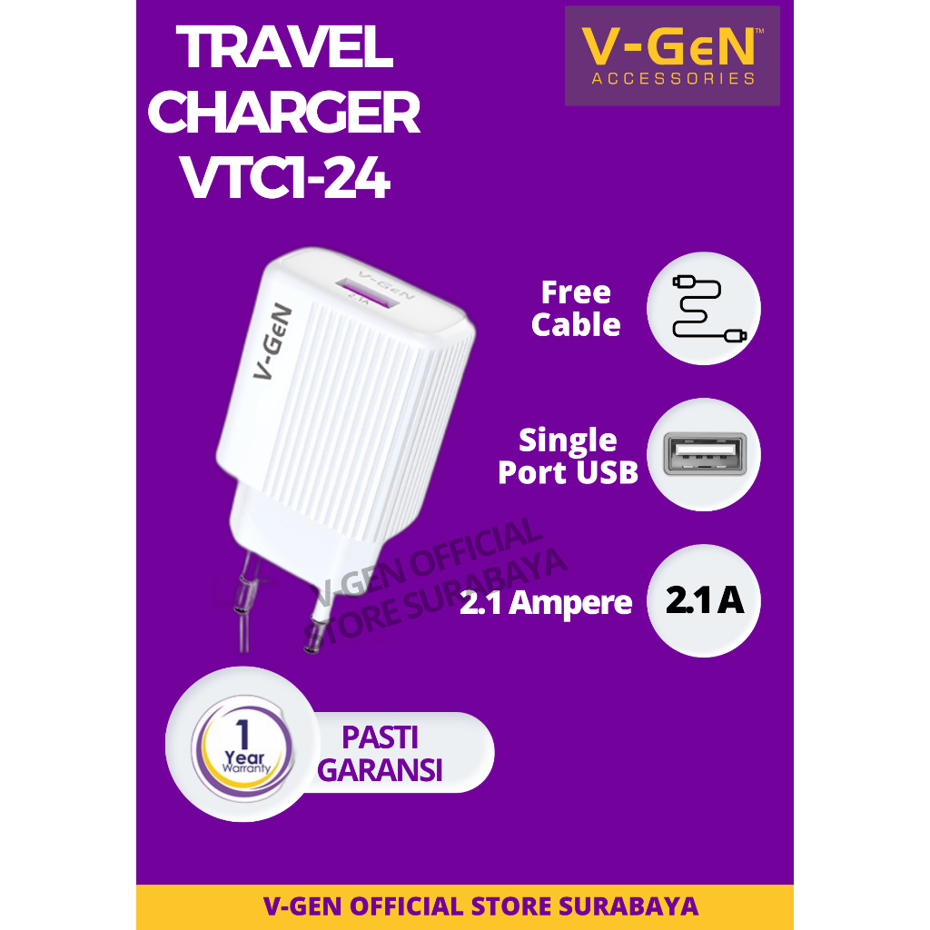 Adaptor Charger V-GeN VTC1-24 2.1A Travel Charger VGEN