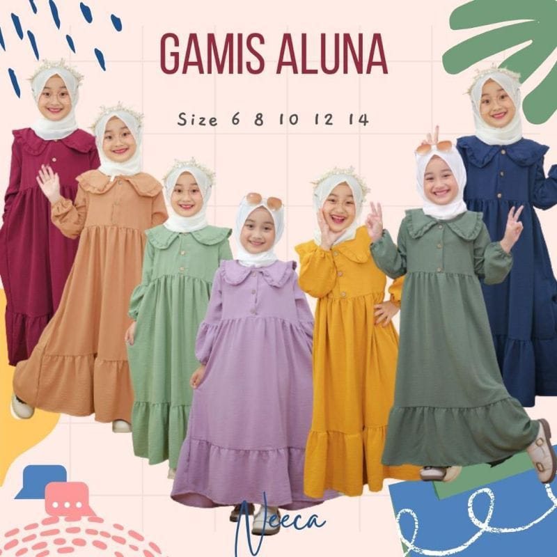 Gamis anak Motif Aluna untuk anak usia 5-8 tahun free krudung sesuai warna Gamis/ Gamis Anak Aluna /