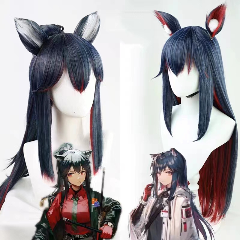 Arknights Texas Cosplay Wig Ears Long Straight Ponytail Dark Blue Mixed Red Heat Resistant Hair Game