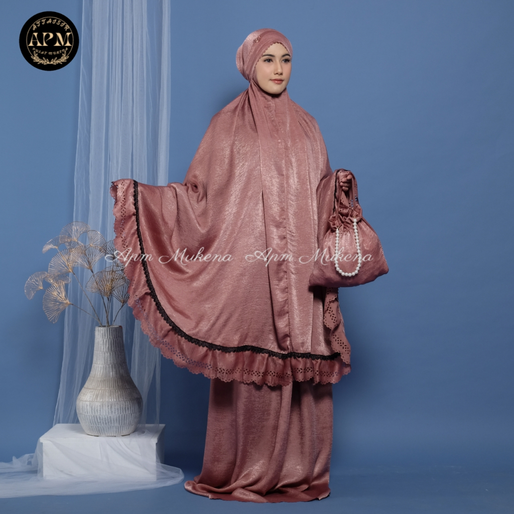 Apm Mukena - Mukena Silk Santorini Shimer 3 In 1 Shanum Laser Cut Rempel Mewah