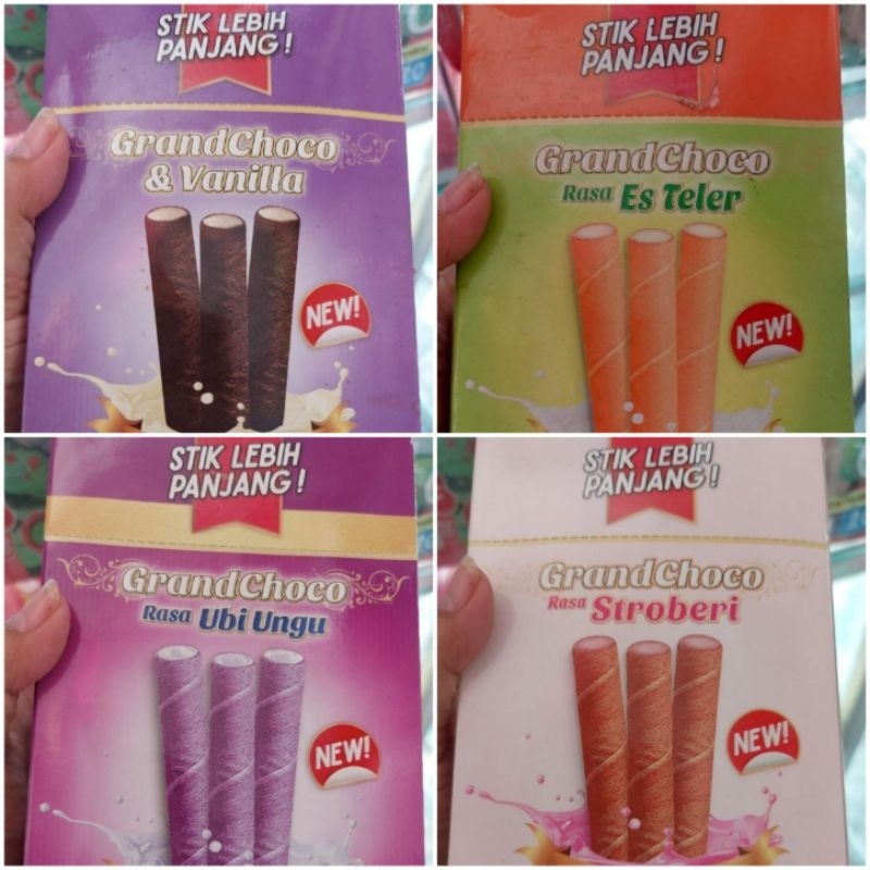 

GrandChoco Wafer Roll Rasa Es Teler Cokelat Ubi Vanilla Box Isi 24 Pcs 9 Gr