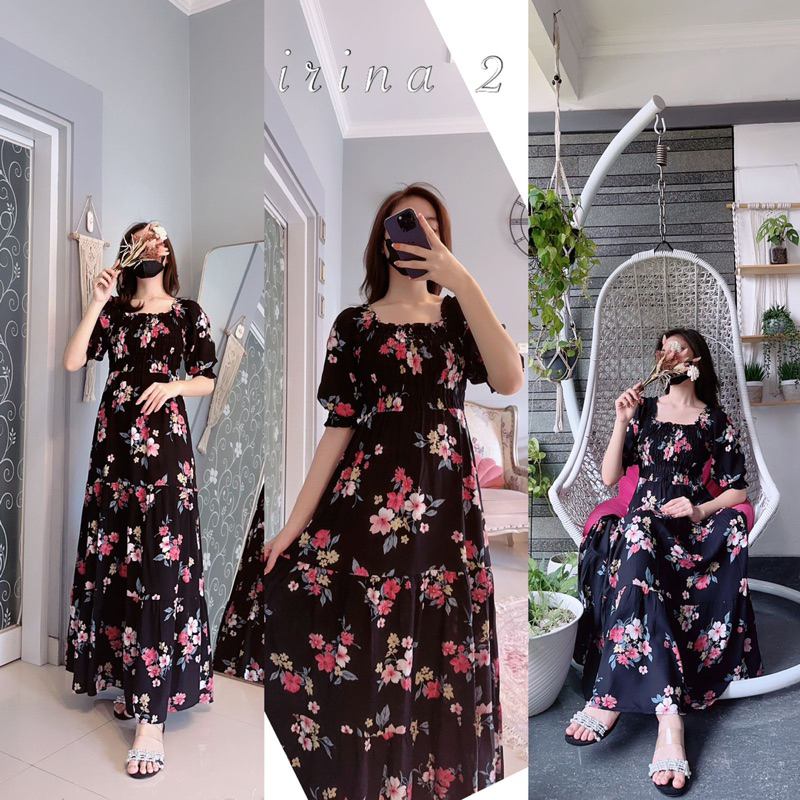 Daster Arab Fairuz IRINA Long Dress Rayon Smoke Flowy super Klok