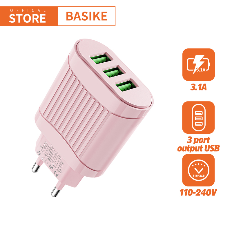 BASIKE Charger Adaptor Fast Charging iPhone oppo samsung xiaomi USB*3 15W iOS Android Universal-A106 merah muda