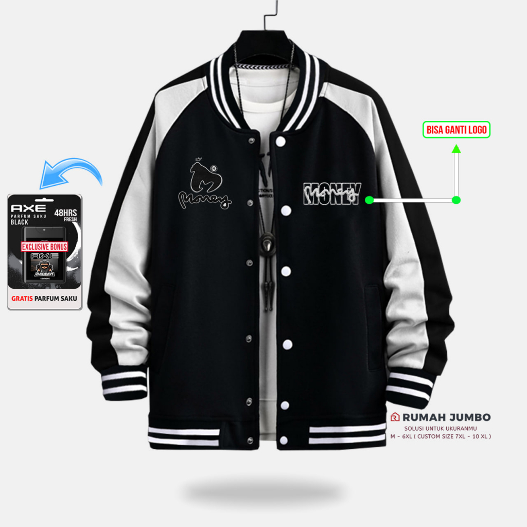 Jaket Bomber Varsity Baseball Money Black White Oversize (M - 6XL) Jaket Custom