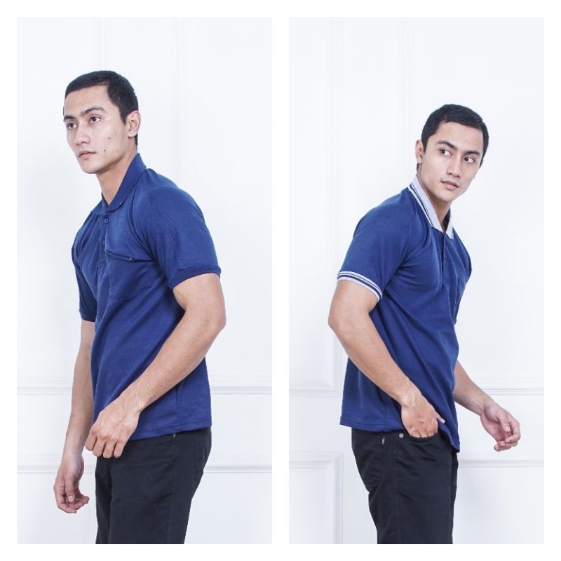 kaos lakos biru dongker/kerah lakos polos/kaos pria/kaos kerah kombinasi lengan pendek/kaos lakos