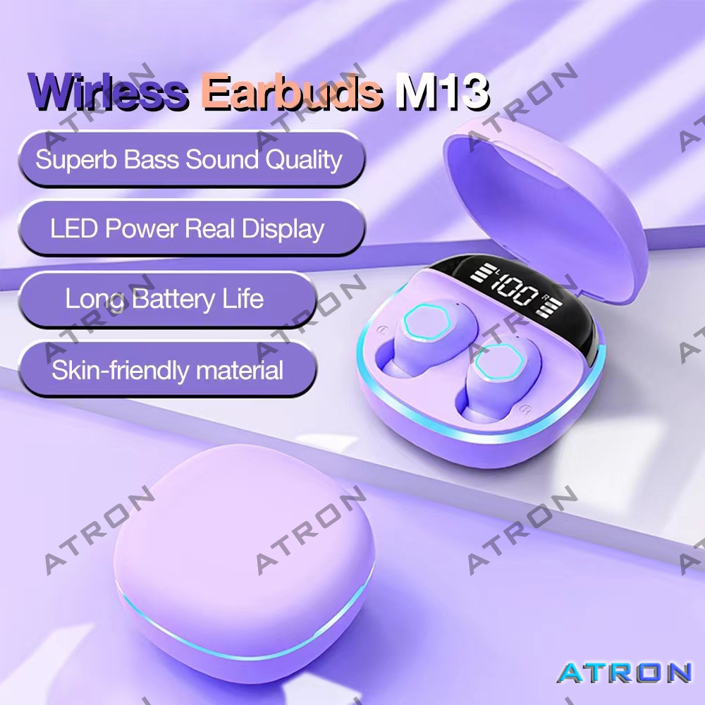 【BT006】Atron M13 Macaron Headset Bluetooth TWS with Mic Breathing Light Case Led Display Screen Hand