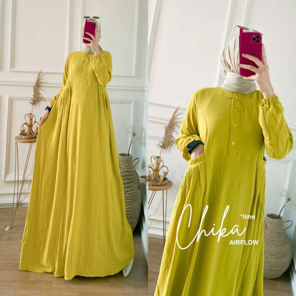 MAY DRESS CIKA FAB AIRFLOW CRINKLE PREMIUM LD 105 PB 140 SAKU KANAN KIRI BUSUI GAMIS LEBARAN