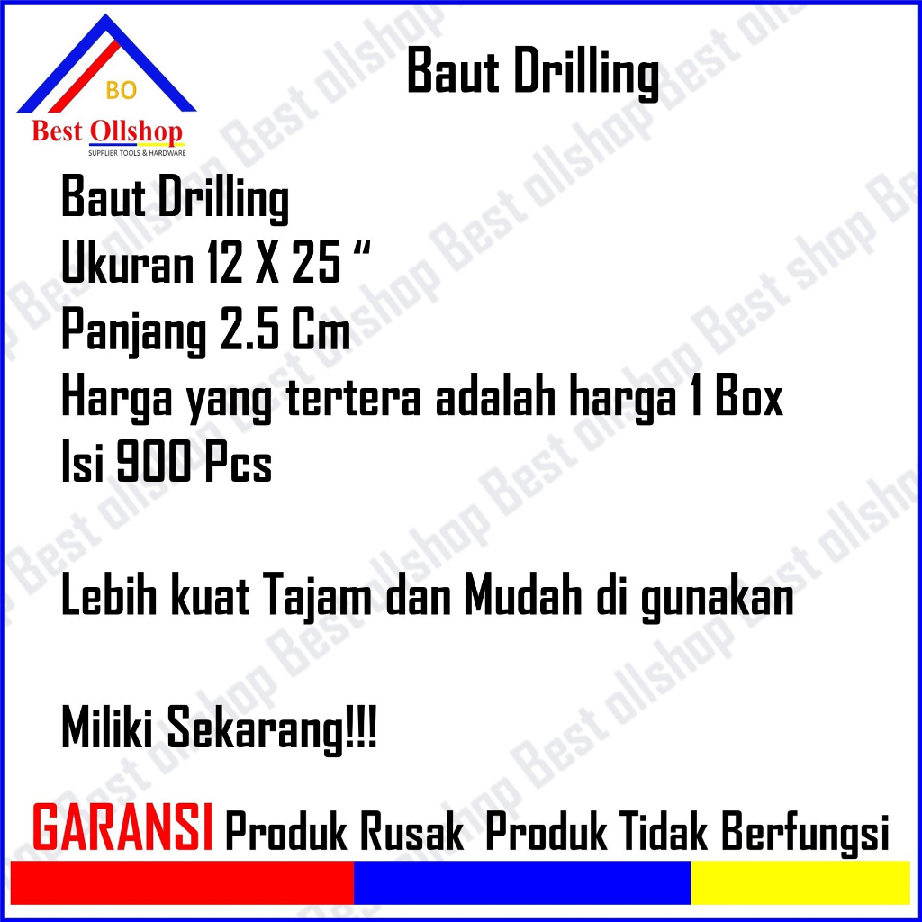 Baut Drilling Sekrup Roofing Baja Ringan 12 x 25 Panjang 2.5 Cm Harga 1 Box