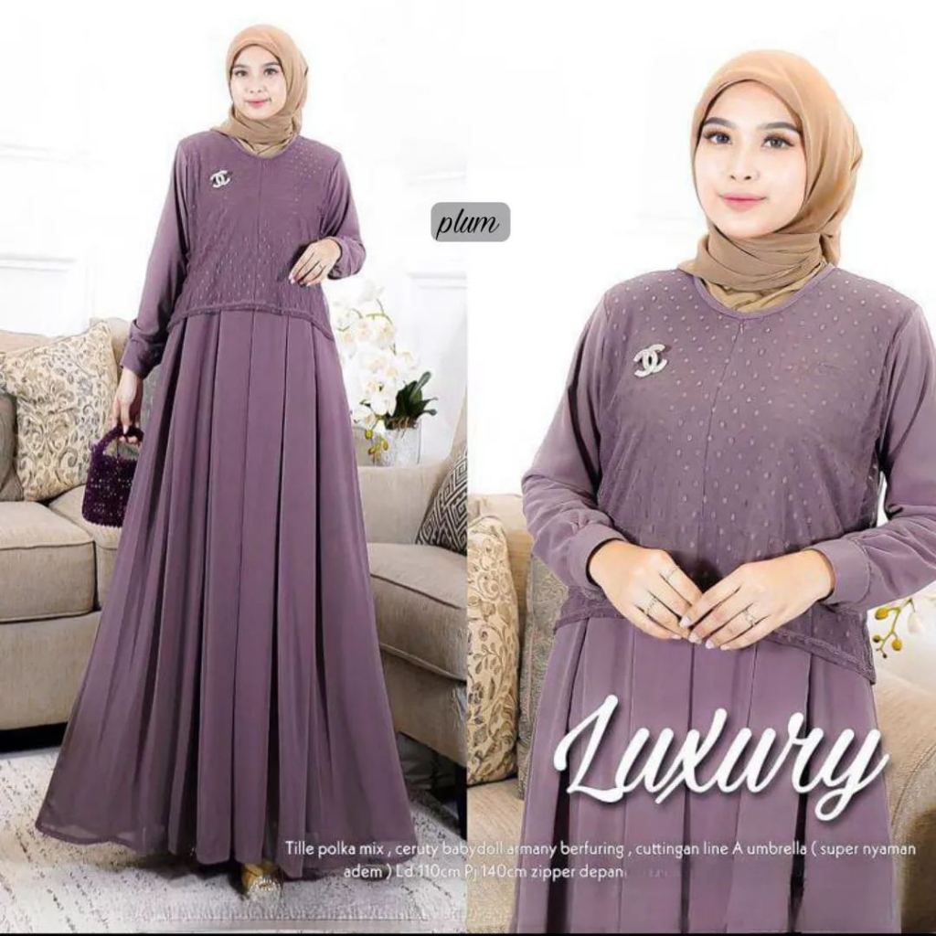 Gamis Dress Luxury Maxy Baju Muslim Wanita Terbaru Gamis Ceruty Kondangan Terlaris 2023 Size M fit XL