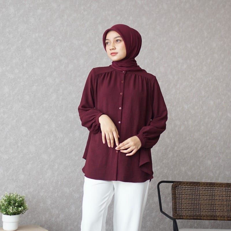 Kemeja Crinkle Wanita Ld 120 Lengan Balon - Blouse Crincle Airflow Jumbo Crincle Airflow - Atasan Alina Bigsize Terbaru