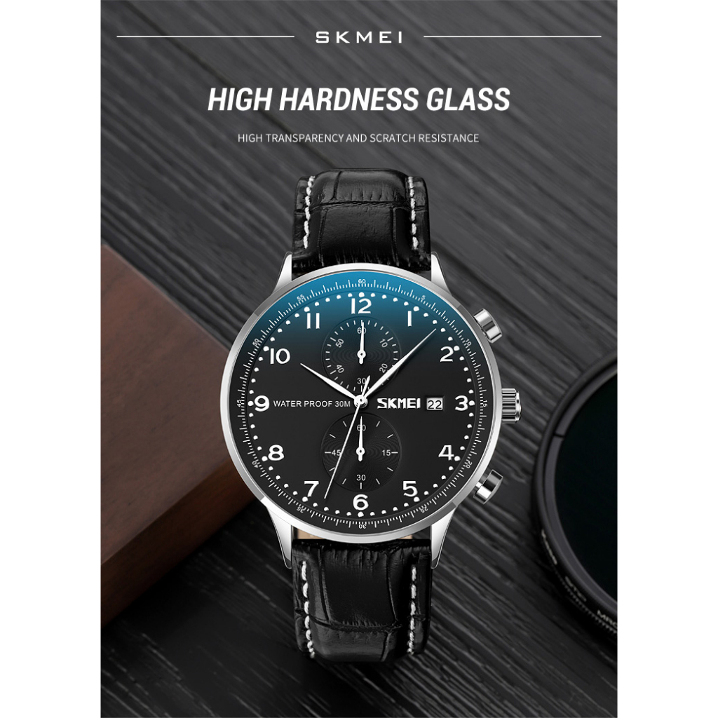 Jam Tangan Pria Analog Stopwatch Leather Strap Waterproof 30M Jamtangan Cowok Kekinian Desain Premium Anti Air