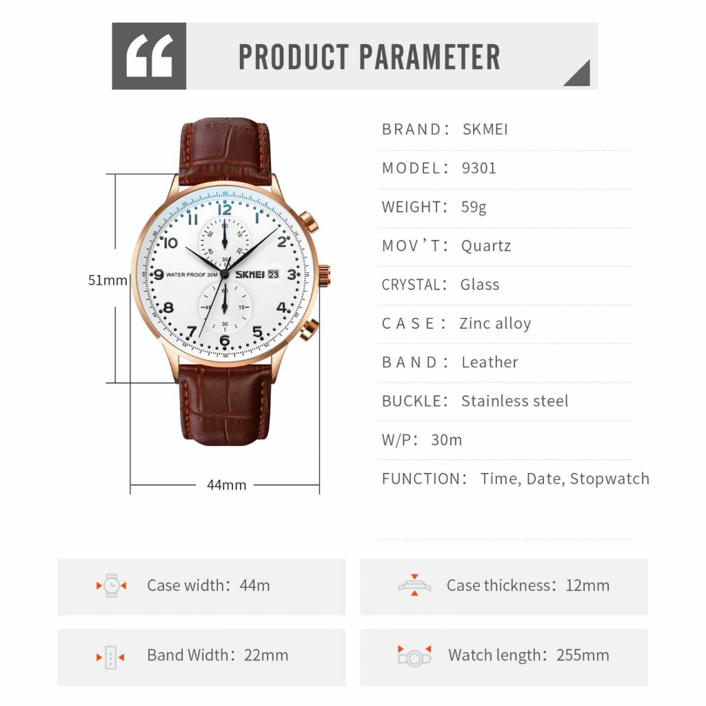Jam Tangan Pria Analog Stopwatch Leather Strap Waterproof 30M Jamtangan Cowok Kekinian Desain Premium Anti Air