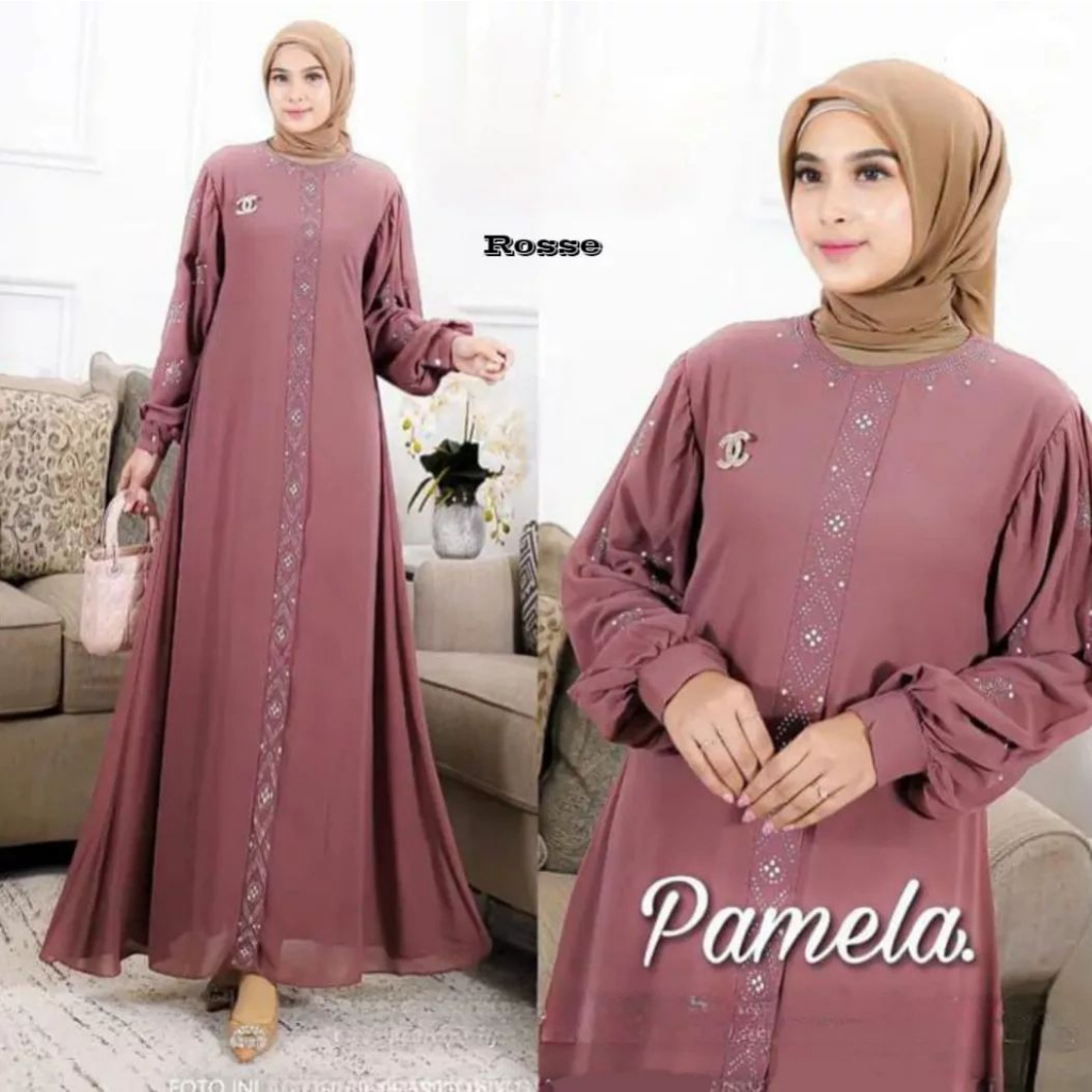 Gamis Dress Mamanda Saleha Terlaris 6 Serian Warna Matt Ceruty Babydoll full furing dengan akses swaroski All Size Fit M XL