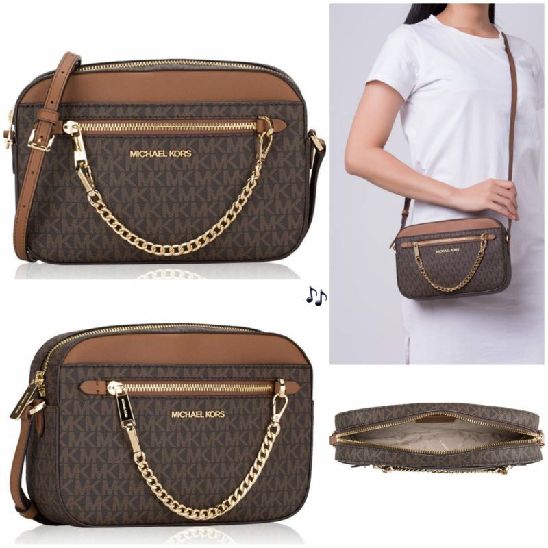 MK jet set item. Large ew zip chain xbody leather Brown