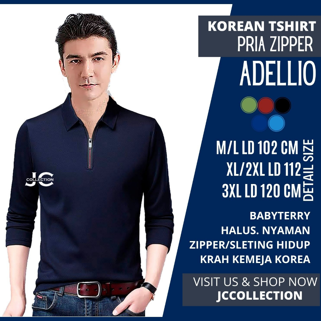 Kaos Pria kerah Lengan Panjang Pria Gaya Korea variasi seleting Adelliyo / Tshirt Kaos Pria Korea Style JCCollections