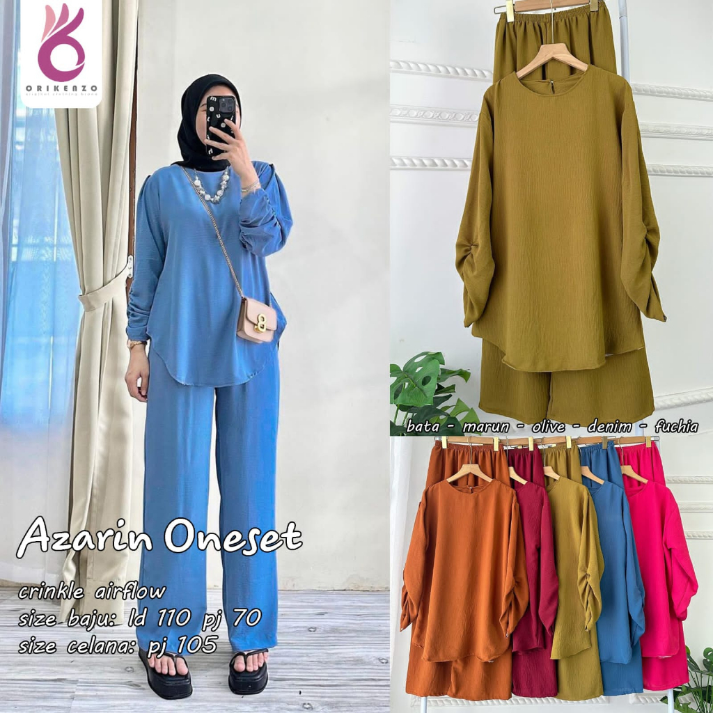 Azarin One Set Setelan Wanita Muslim Crinkle Airflow Original Produk By Orikenzo