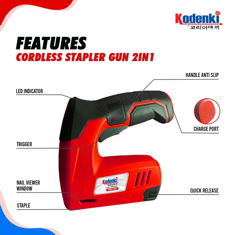 Mesin Paku Staples Tembak 2 In 1 Baterai Batre Kodenki Cordless Stapler Nailer Gun Alat Staples Tembak Jok Kursi Bangku Kayu Furniture