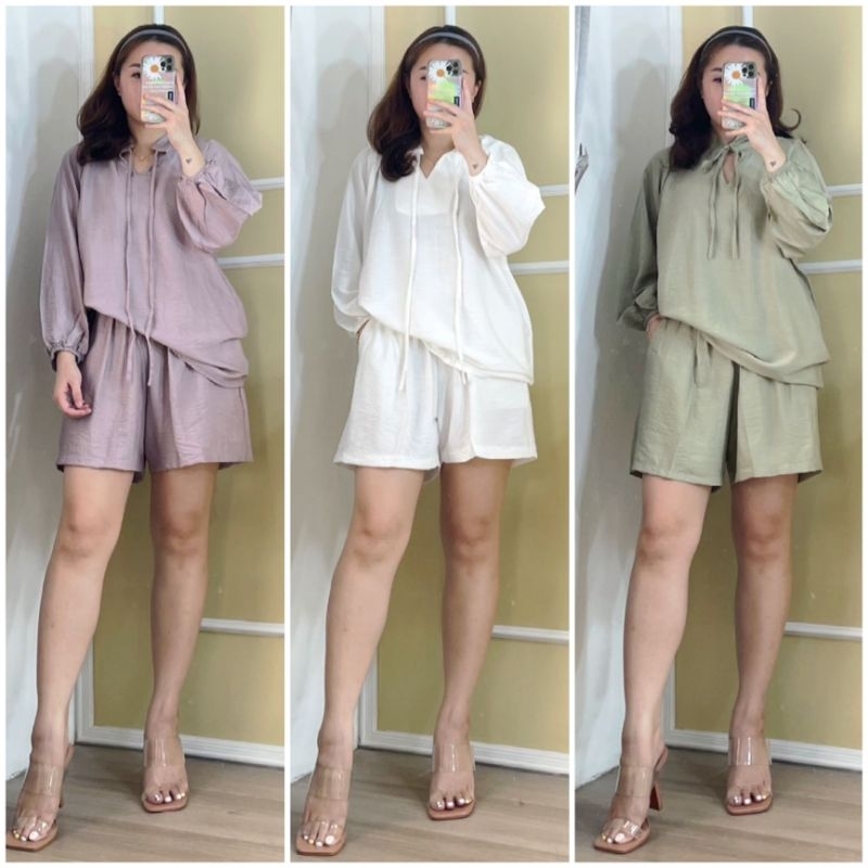 ♡ PREMIUM ♡ ORIGINAL ! CRAILLE CRINKLE 2 IN 1 SET TIED NECK LONG SLEEVE BLOUSE WITH SHORT PANTS