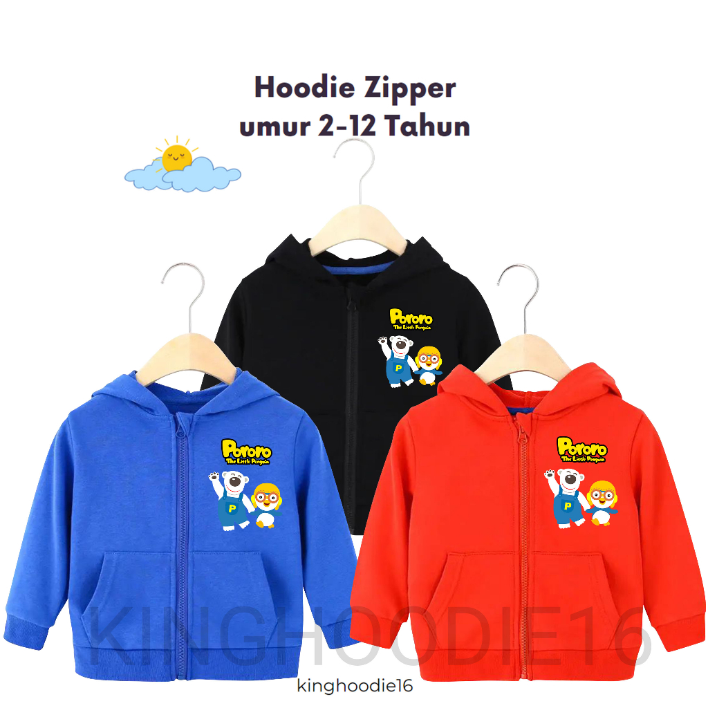 Jaket Zipper Anak laki laki Perempuan Pororo  Umur 2 Sampai 1 2 3 4 5 6 7 8 9 10 11 12 13 Tahun/Zipe
