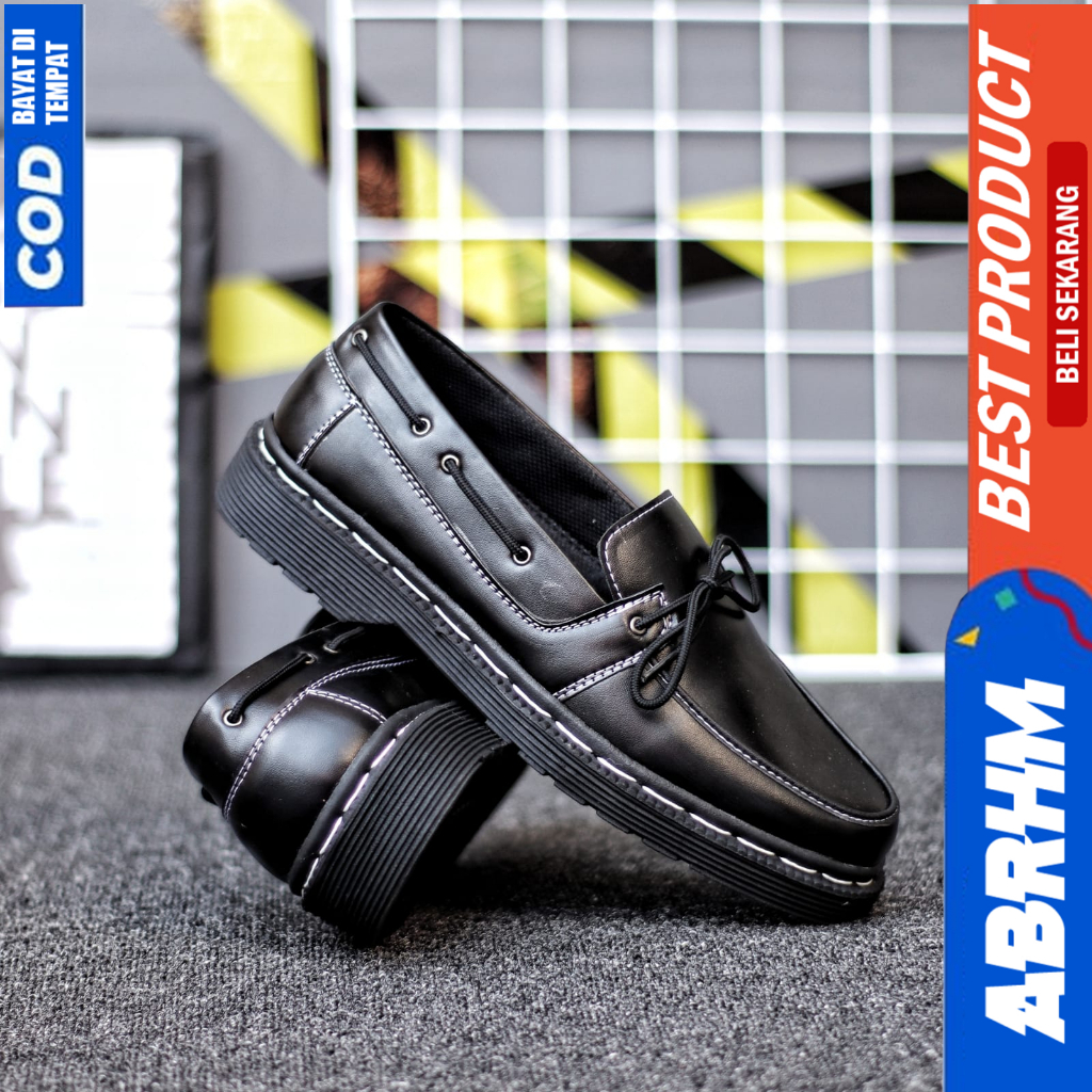 ABRHM Sepatu Loafers Formal Pantofel Docmart Kerja Hitam Pria