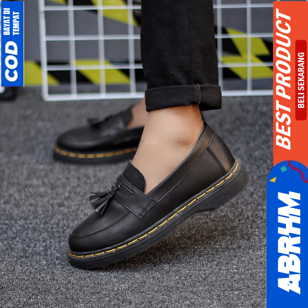 ABRHM Sepatu Loafers Formal Pantofel Docmart Casual Kerja Hitam Pria