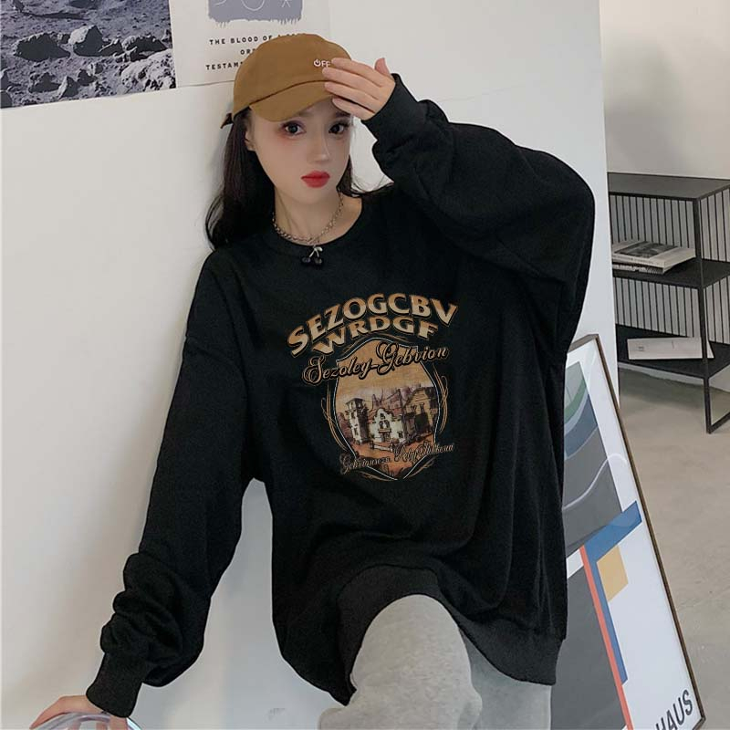 Kaos Stasan Wanita Oversize Couple Sweater American Vintage Cartoon Graphic Priting Top Kekinian Casual Sweater