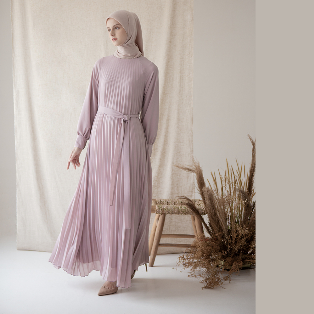 Keshvari by Aska Label - Gamis wanita plisket dress pleats cantik elegan lengan panjang dengan ikat pinggang