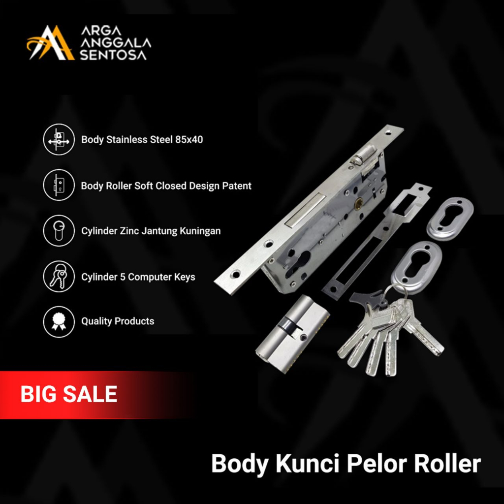 Body Kunci Pelor Roller Stainless / Body Pelor Roller Pintu Dua