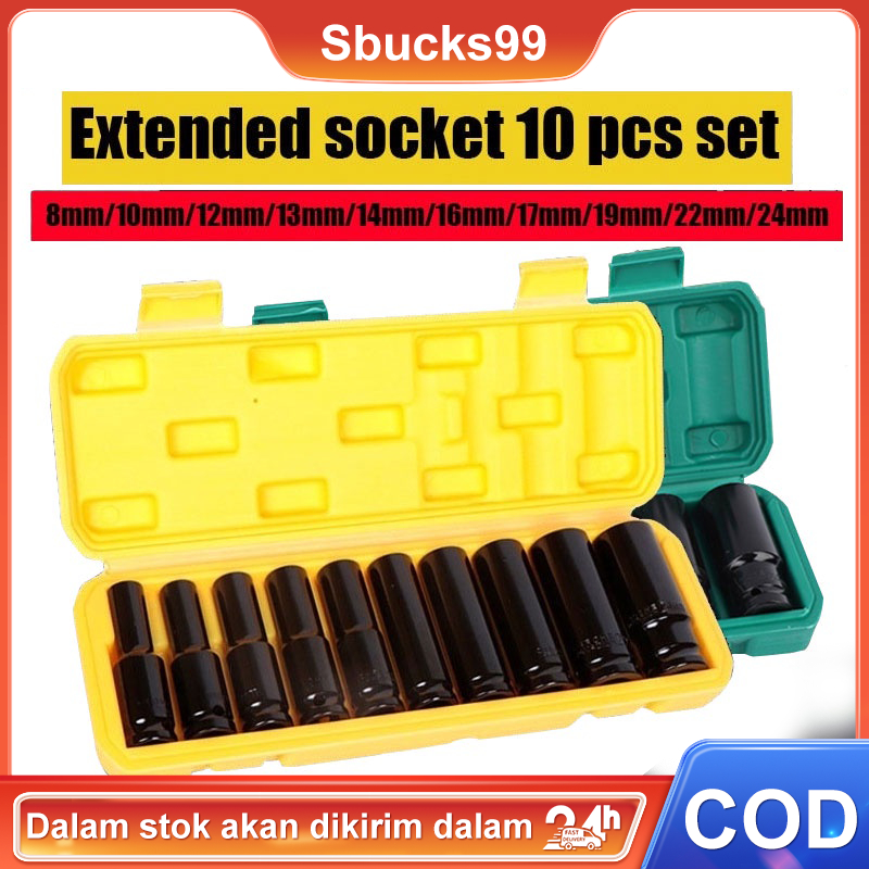 【COD】 Impact Socket Wrench Set 10Pcs 1/2'' Inch 8-24MM Extension Impact Socket Panjang Mencapai Soket Nut Perbaikan Alat Socket Tool