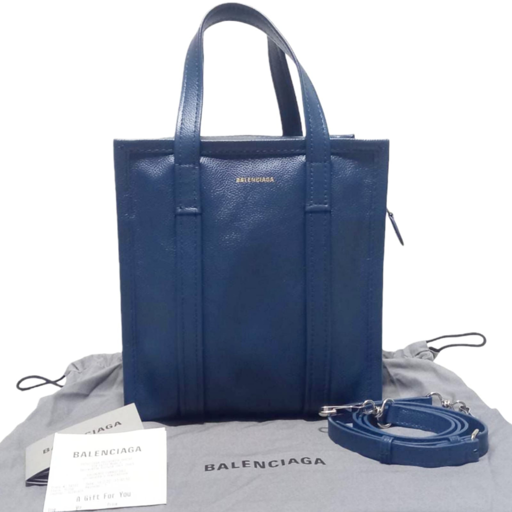 Tas BALENCIAGA BAZAR Tote Leather with Long Strap Blue / Pink New Authentic