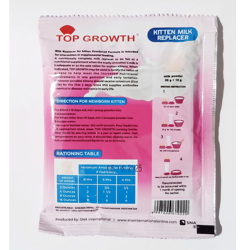 SUSU ANAK KUCING DAN KUCING DEWASA TOP GROWTH 1 BOX ISI 11 SACHET 30 GRAM