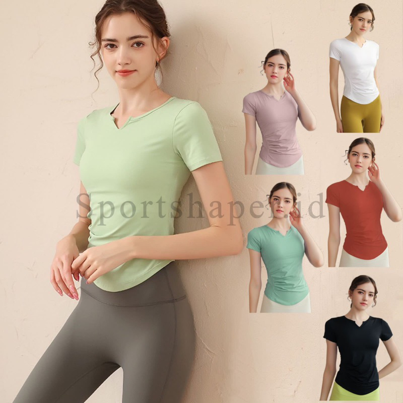 Baju Olahraga Wanita Lengan Pendek  Yoga Gym Leher V LY228-pendek