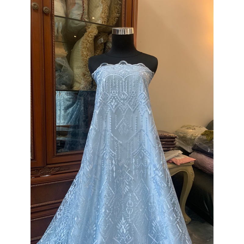 Kain Brukat Tulle Bahan Kebaya Bordir Etnik Madeline Warna Biru Ice Baby Blue