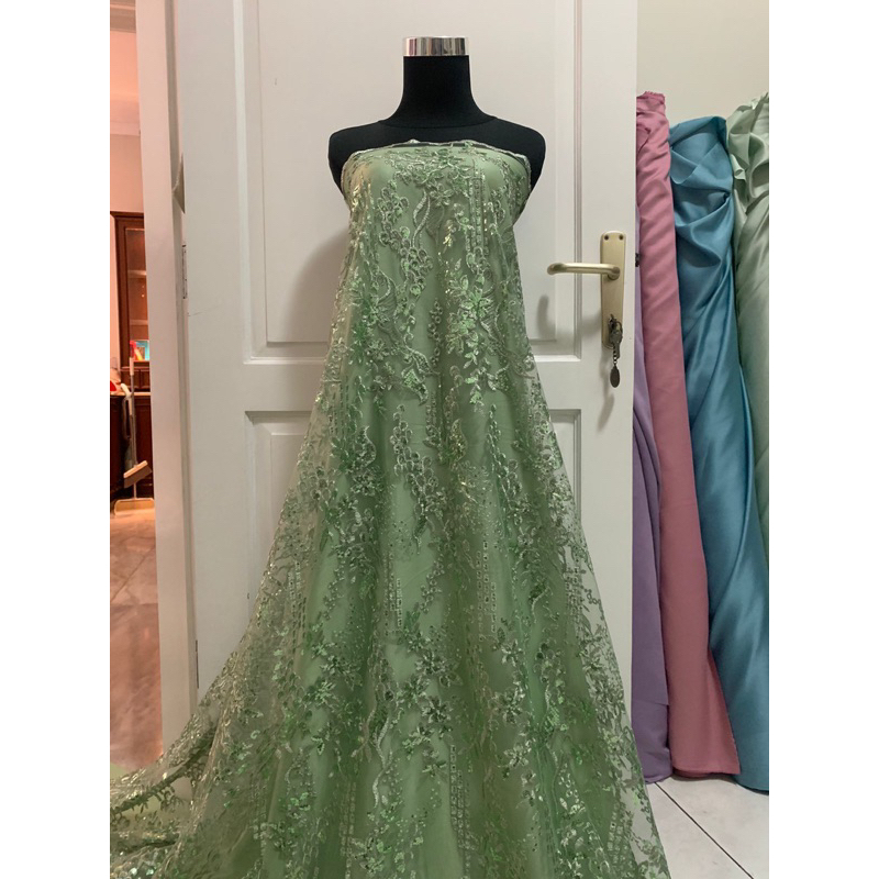 Kain Bahan Kebaya Brukat Tile Tulle Bordir Gracia Mewah Warna Sage Green Hijau