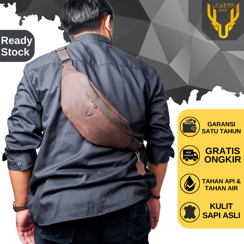 leaderbag Tas Selempang Pria Kulit Sapi Asli Warna Coklat Khaki Terbaru Atau Tas Pinggang Waistbag Kulit Cowok Keren Branded Original AA03 DRACO