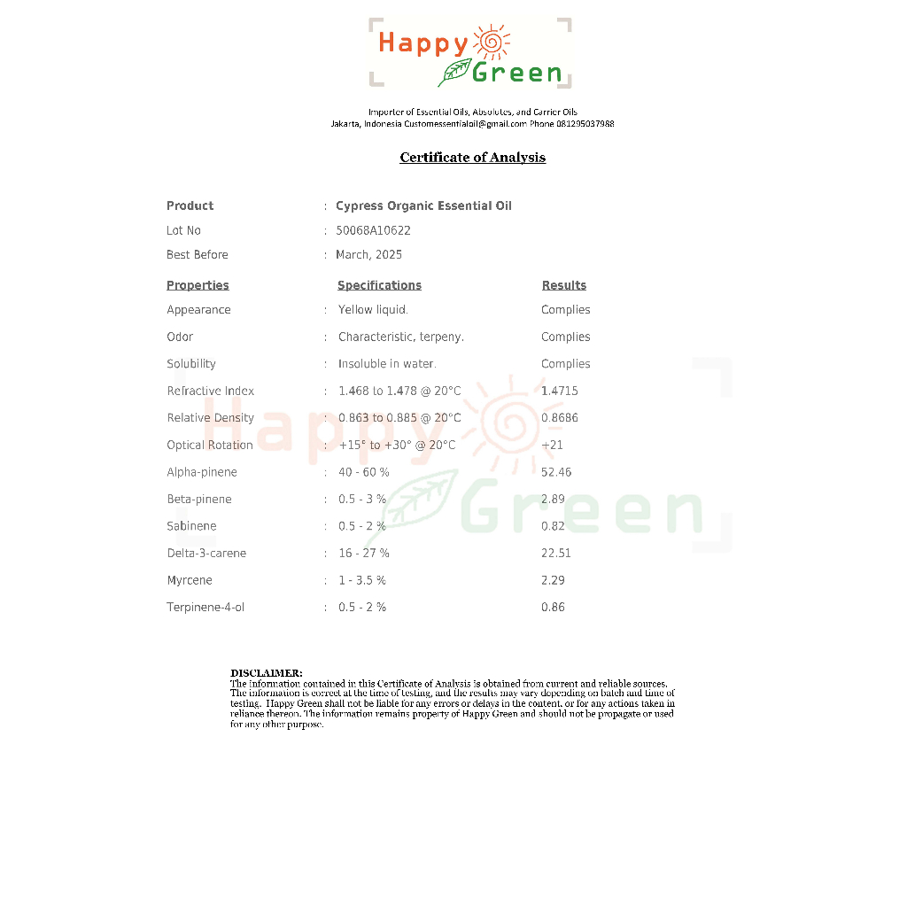 Happy Green ORGANIC Cypress Essential Oil -Minyak Cemara Murni